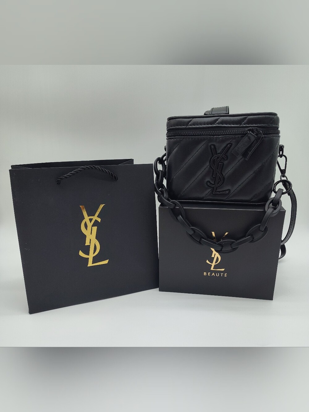 YSL BEAUTÉ Noir Vanity Prestige Black Crossbody Cosmetic Train Case NIB GWP